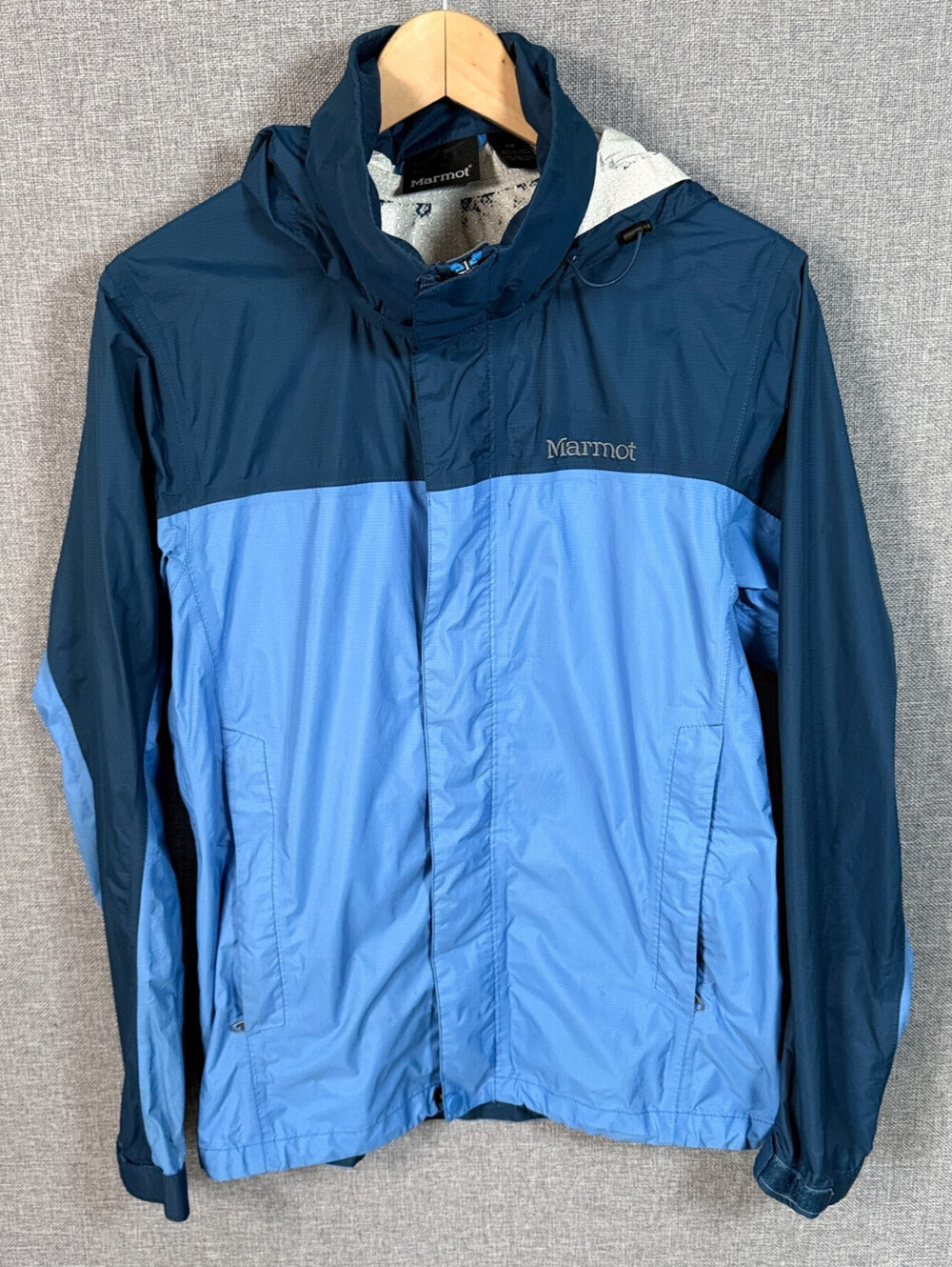 Marmot Rain Jacket Size Small Blue Colorblock Hooded Waterproof Shell